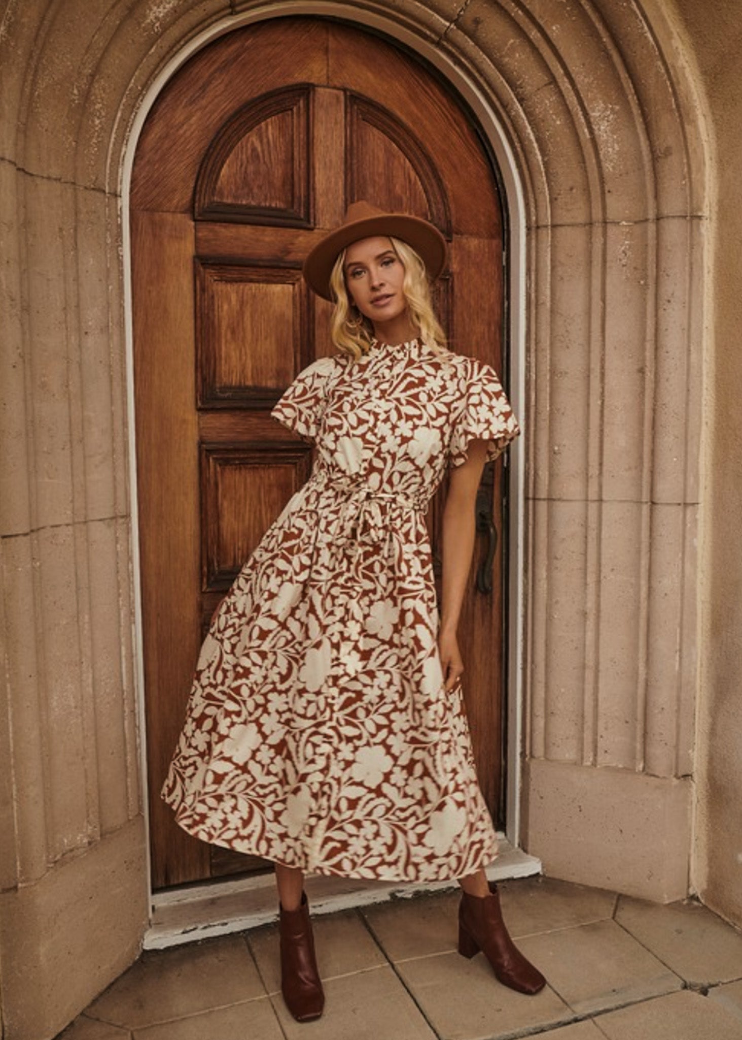 Ayla, Womens Midi Dress, Short Bell Sleeve, Self Belt, Cream and Brown Floral