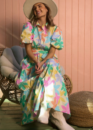 Lily, Poplin Floral Print, Front button , Waist Tie, Puff Sleeve Maxi Dress, Pastel Floral Print