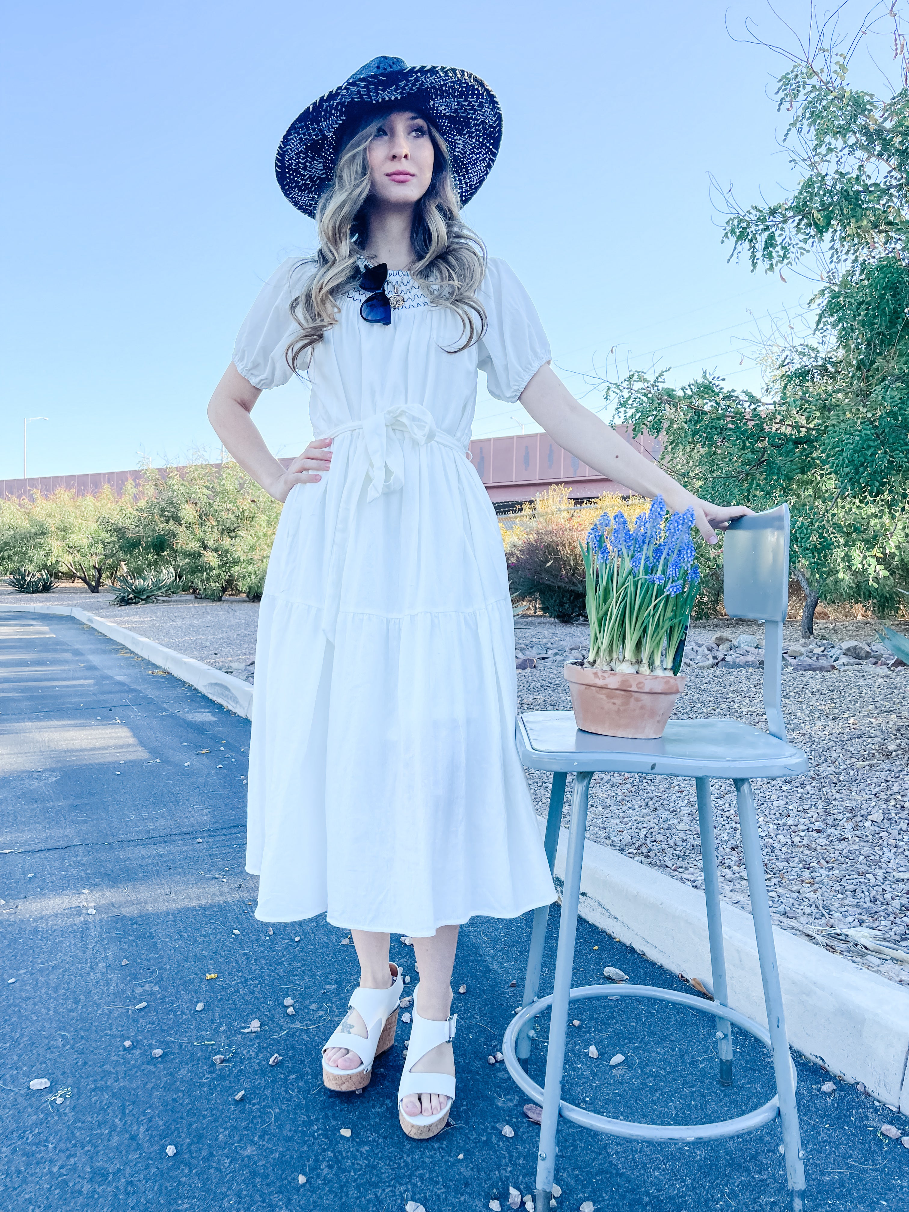 Acacia, Smocked Round Neckline, Midi Dress L