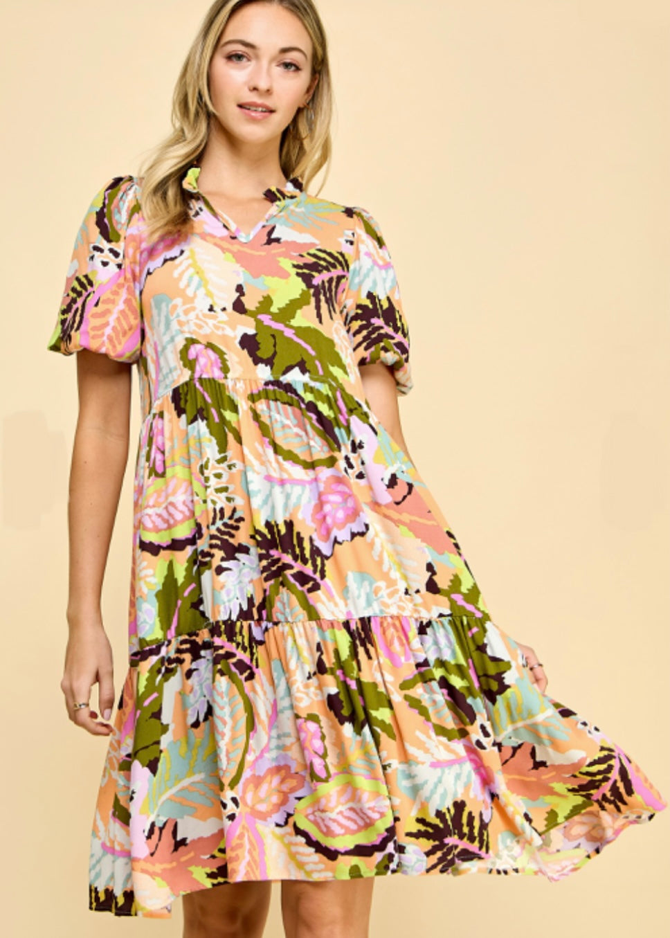 Tiger Lily, Knee Length Dress, Puff Sleeve, Floral L