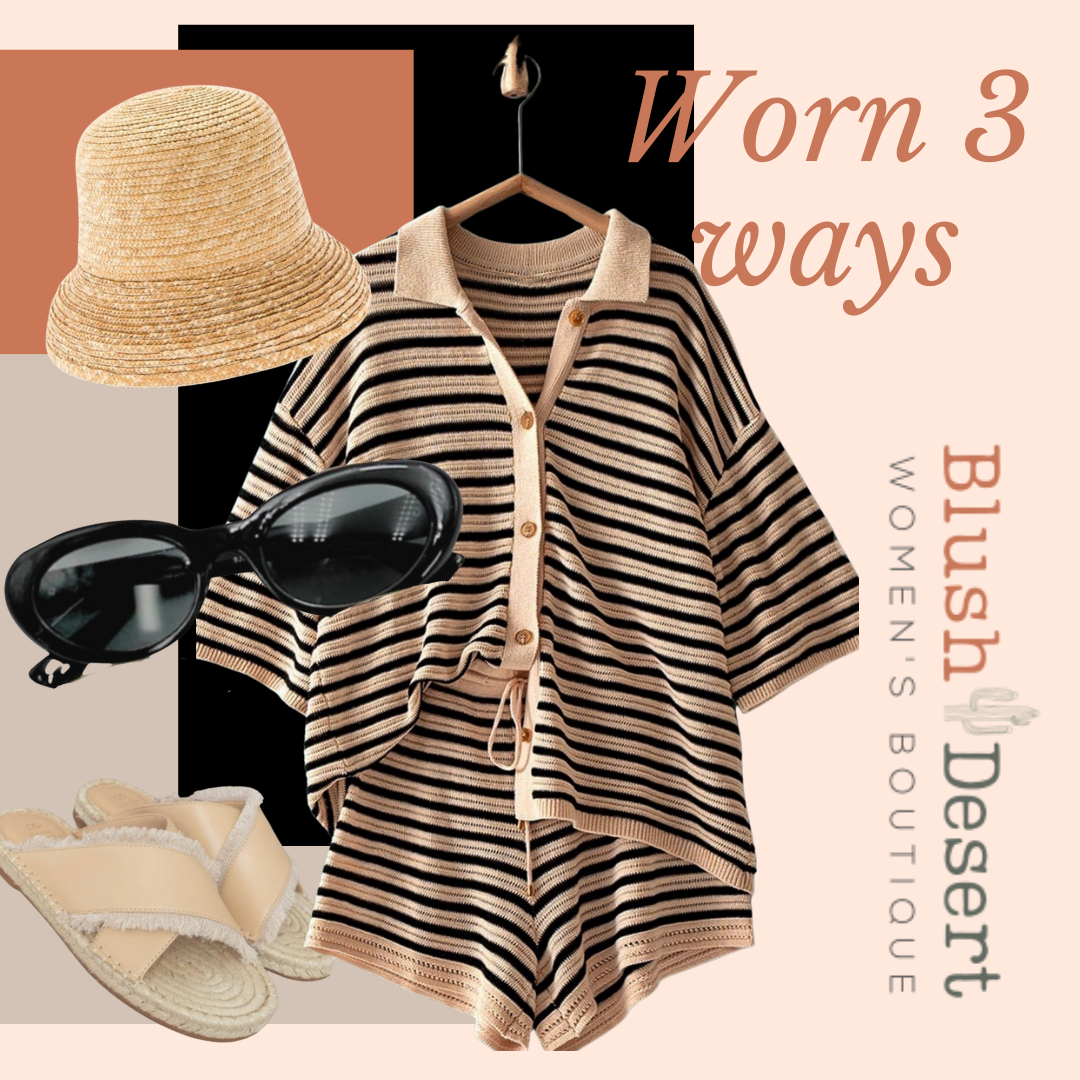 Reggie, striped 2 piece set, short sleeves, matching draw string shorts, black/taupe stripes