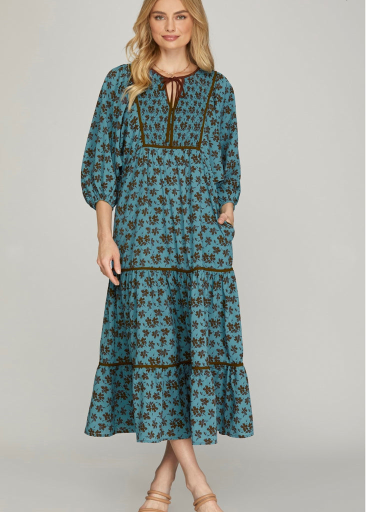 Amelia, Womens Tiered Midi dress, Balloon Sleeves,Teal Amelia, Womens Tiered Midi dress, Balloon Sleeves,Teal