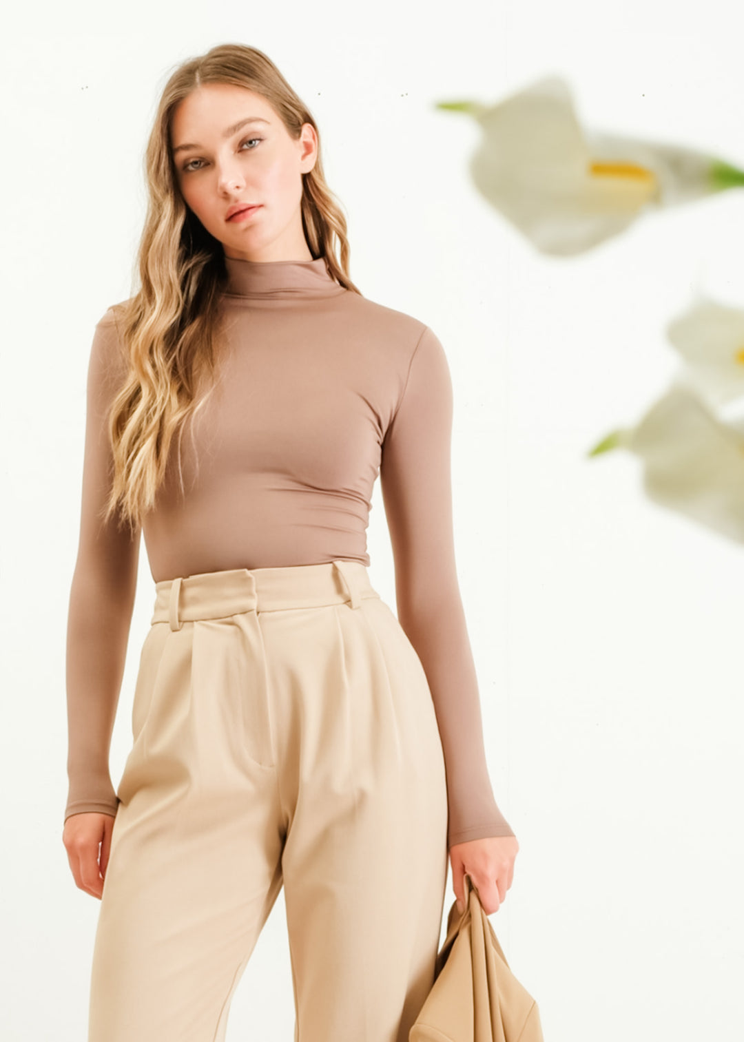 トップス tan Basics, Womens Long sleeve Mock Neck – BlushDesert