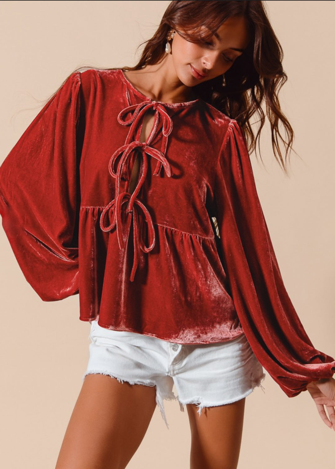 Carmine, Women's Velvet Tie Front Peplum Blouse, Red – BlushDesert