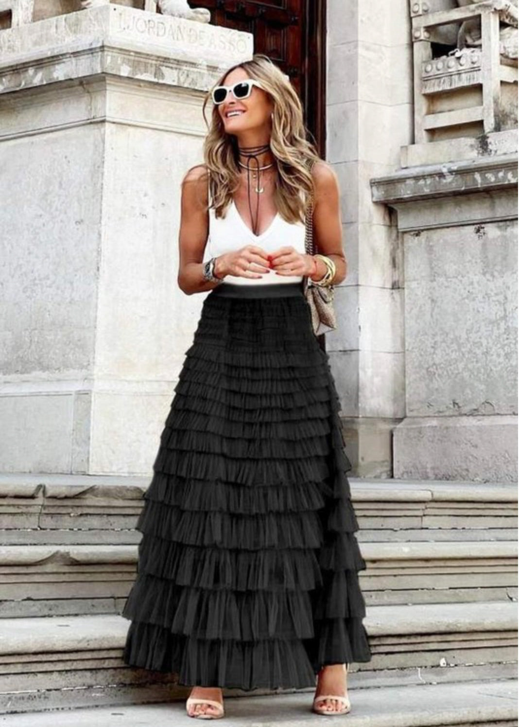 Fleur de lis Womens Maxi Skirt Multi Tiered Tulle BlushDesert