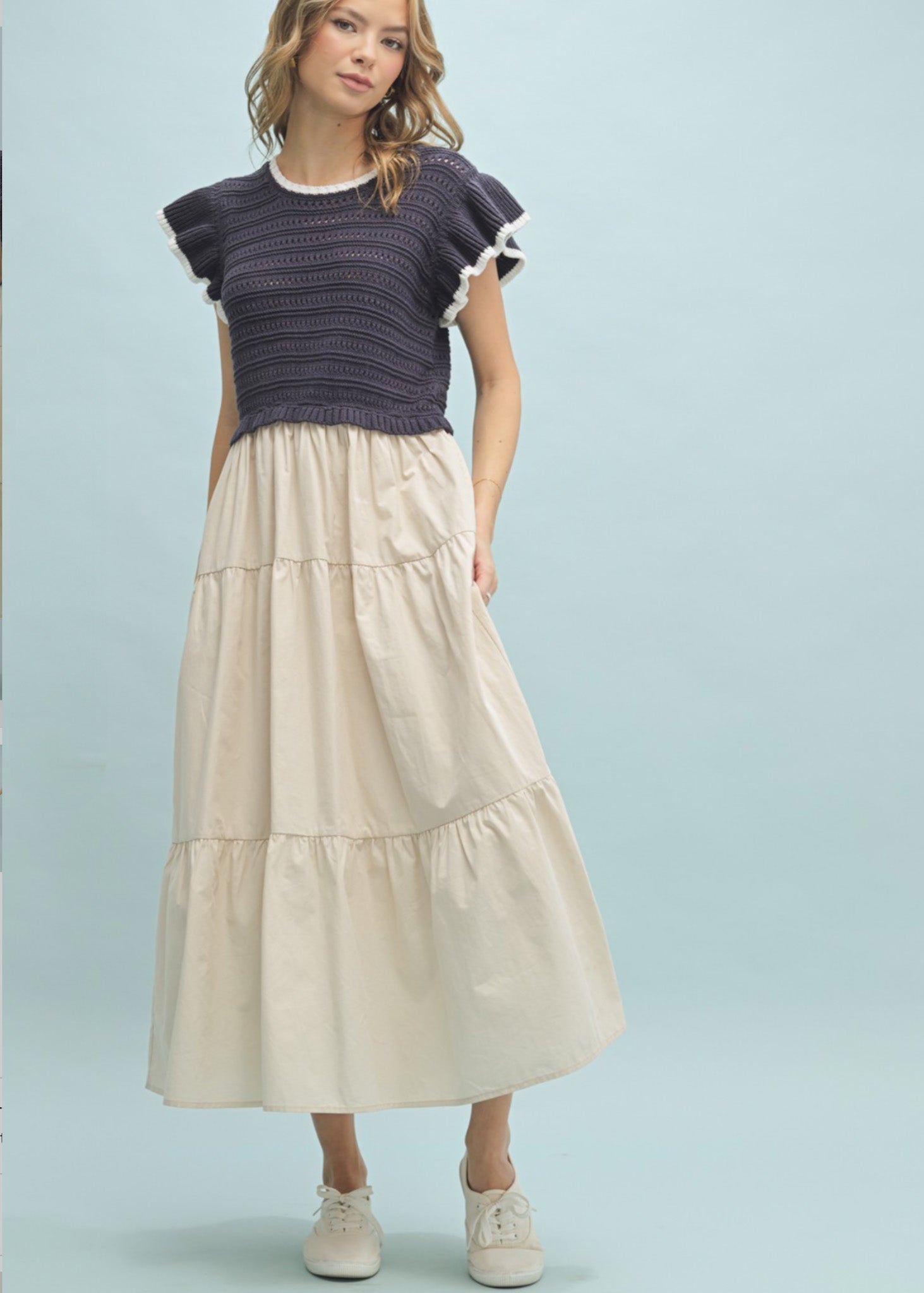 Milana, Midi Dress, Multi Media, Ruffle Sleeve, Navy S