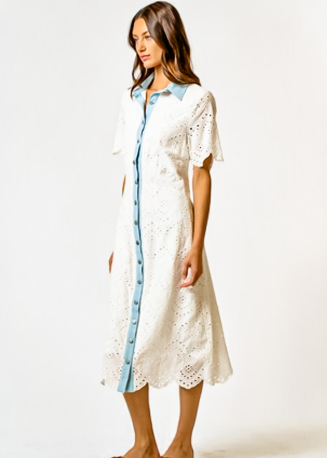 Paola, Womens Midi Shirt Dress, Eyelet, Chambrey Trim BlushDesert Paola, Womens Midi Shirt Dress, Eyelet, Chambrey Trim BlushDesert