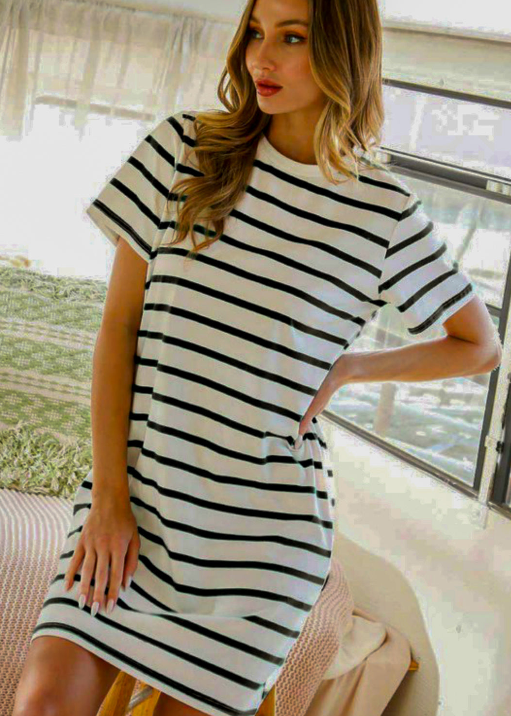 Peri, Stripe Knit Midi T-Shirt Dress, Stripes M Peri, Stripe Knit Midi T-Shirt Dress, Stripes M