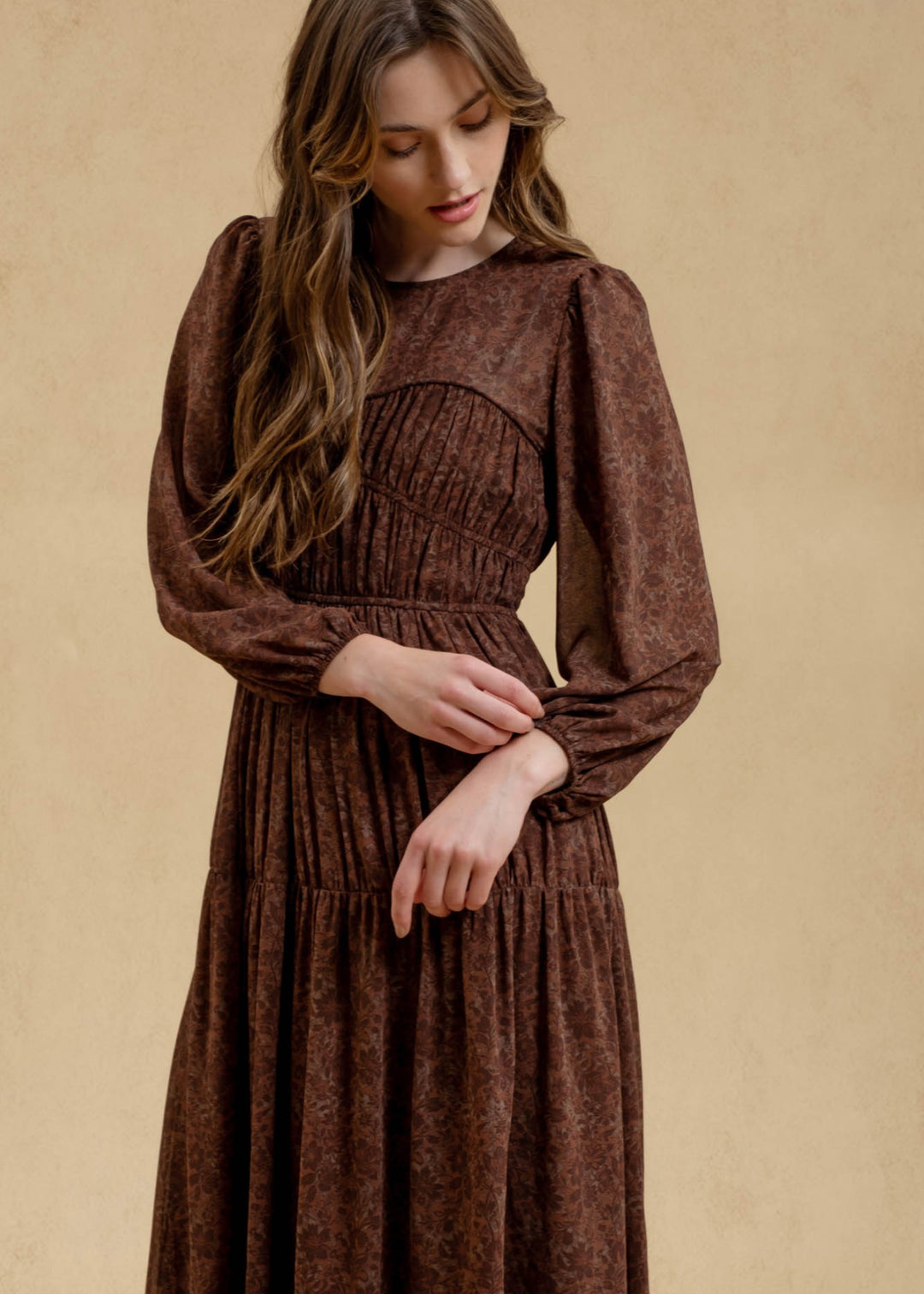Roma, Womens Midi Dress, long sleeve, Chiffon, Dark Burgundy S