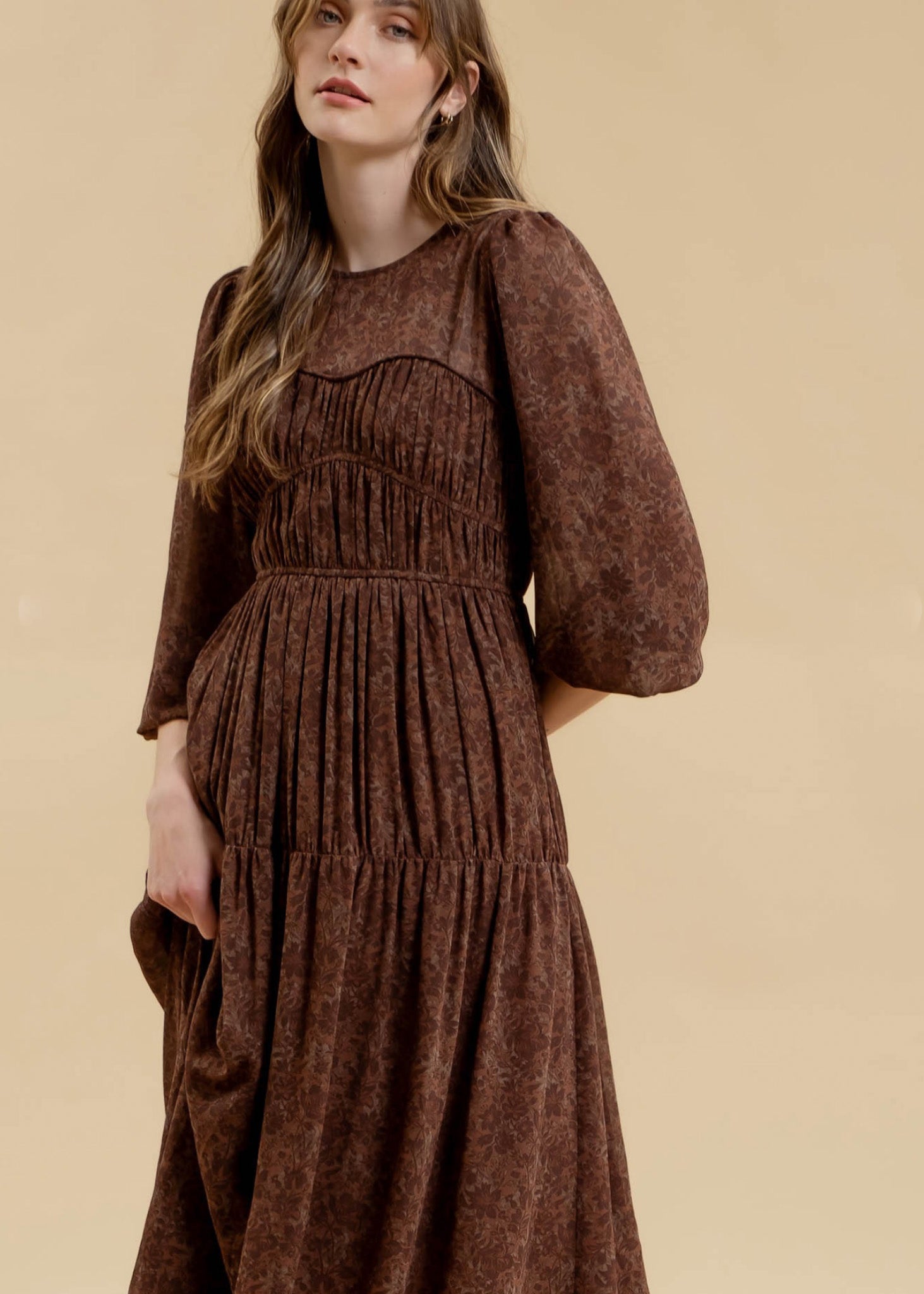 Roma, Women’s long sleeve Midi dress, Chiffon, sweetheart neckline silhouette, Dark Burgundy