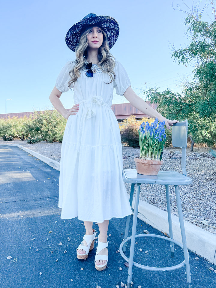 acacia midi dress Acacia, Smocked Round Neckline, Midi Dress, White S