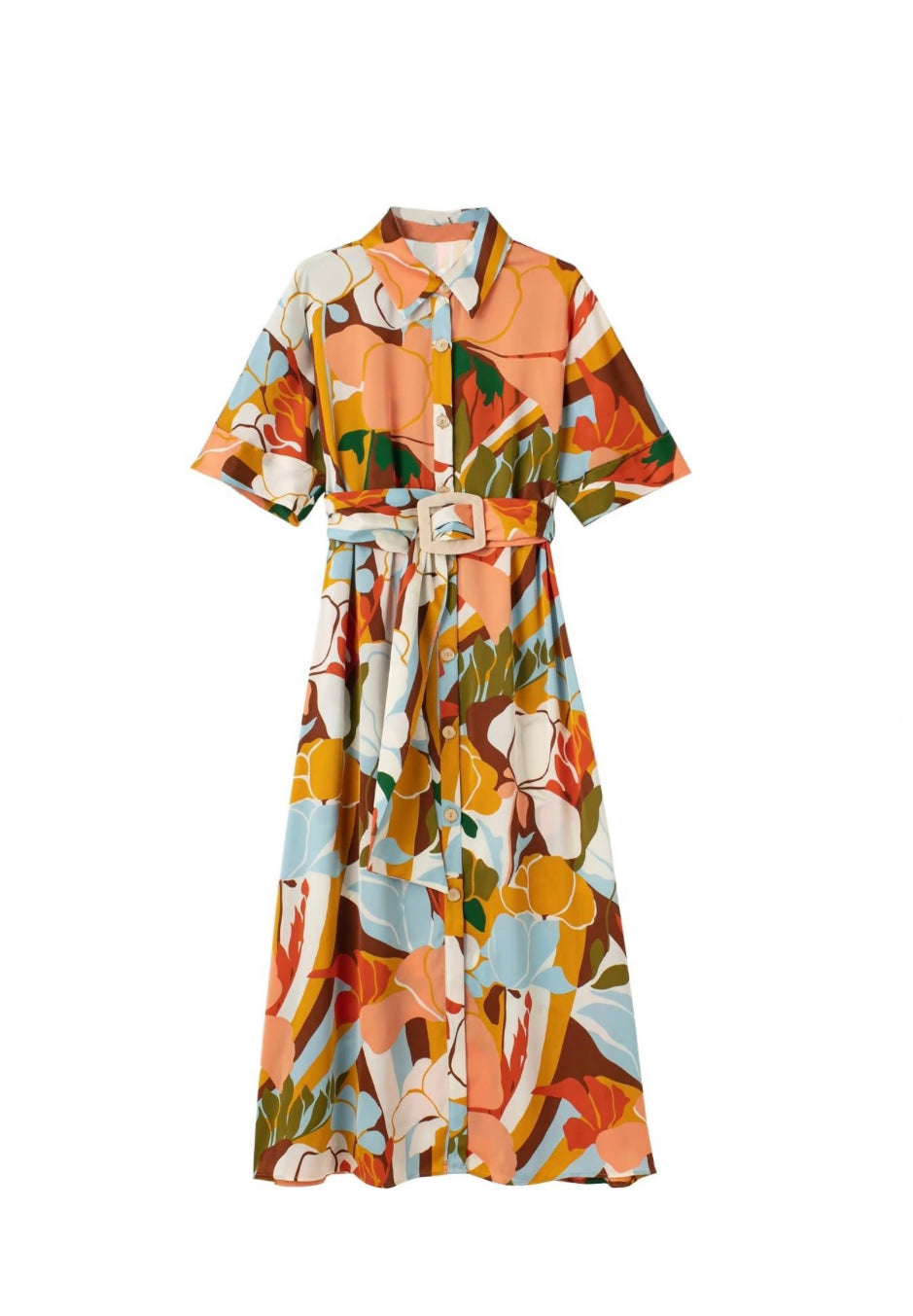 abstract print shirt dress Venice Abstract Print Charmeuse Belted Maxi Shirt Dress - Venice Abstract