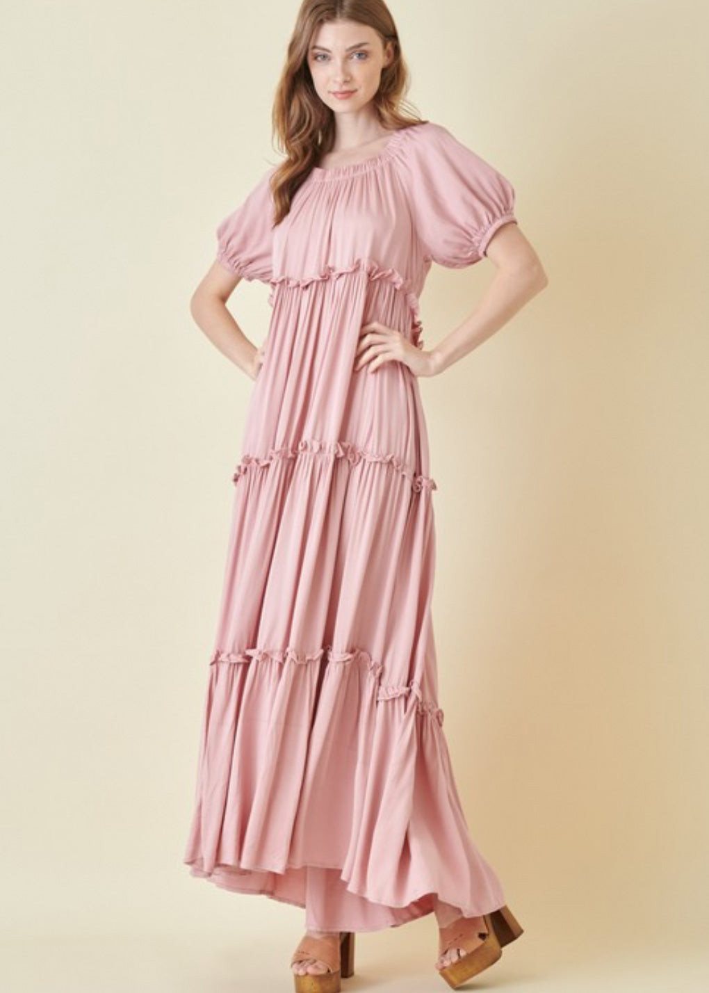 Rose Bud, Tiered Peasant, Knit Maxi Dress, Pink – BlushDesert