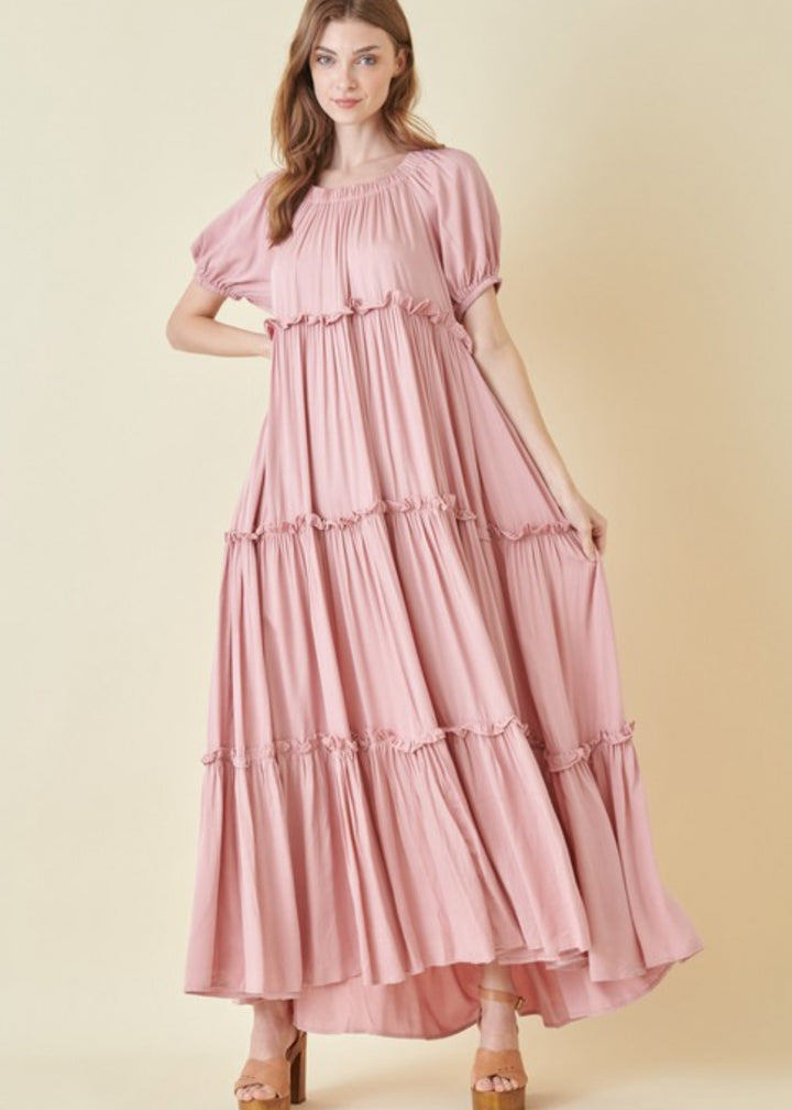 Rose Bud, Tiered Peasant, Knit Maxi Dress, Pink BlushDesert Rose Bud, Tiered Peasant, Knit Maxi Dress, Pink BlushDesert