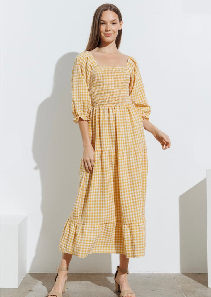 Sunshine, Smocked Bodice, Midi Dress, Tiered Gingham – BlushDesert