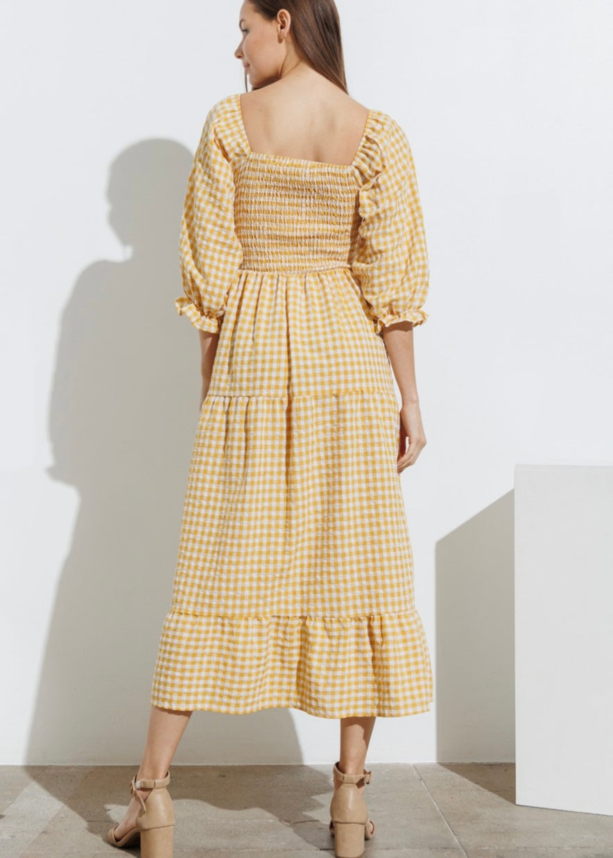 yellow gingham dress Sunshine, Smocked Bodice, Midi Dress, Tiered Gingham L