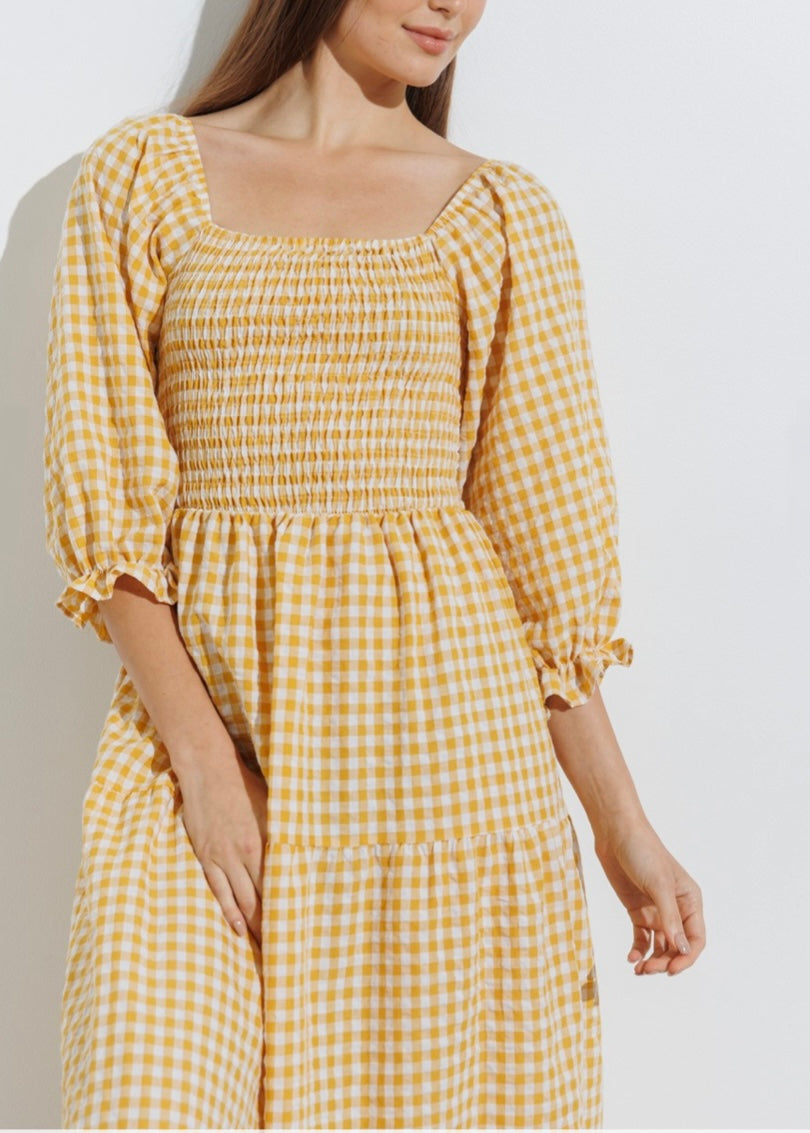 Sunshine, Smocked Bodice, Midi Dress, Tiered Gingham L Sunshine, Smocked Bodice, Midi Dress, Tiered Gingham L