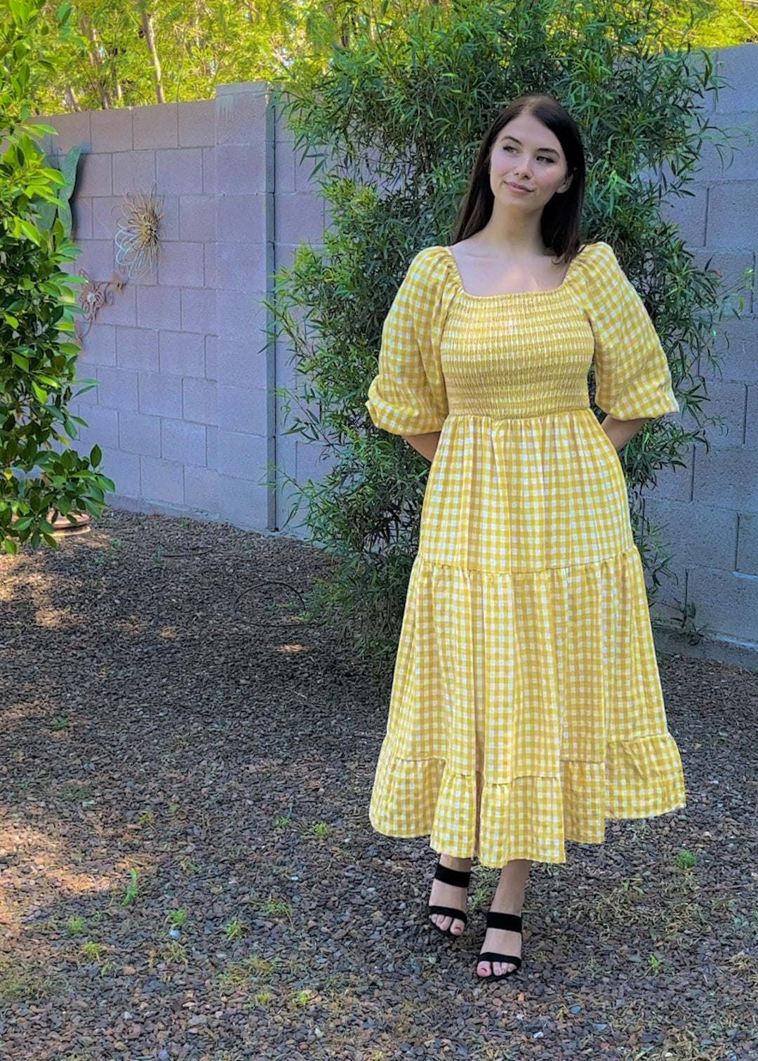 Sunshine, Smocked Bodice, Midi Dress, Tiered Gingham BlushDesert Sunshine, Smocked Bodice, Midi Dress, Tiered Gingham BlushDesert