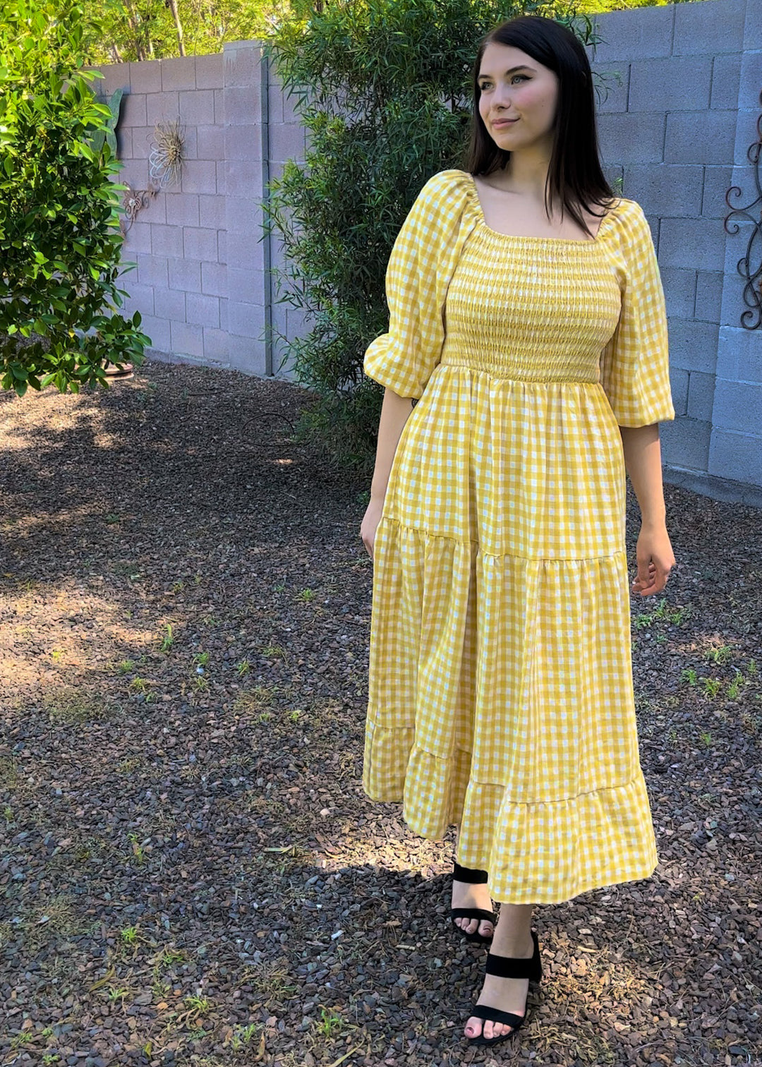 Sunshine, Smocked Bodice, Midi Dress, Tiered Gingham